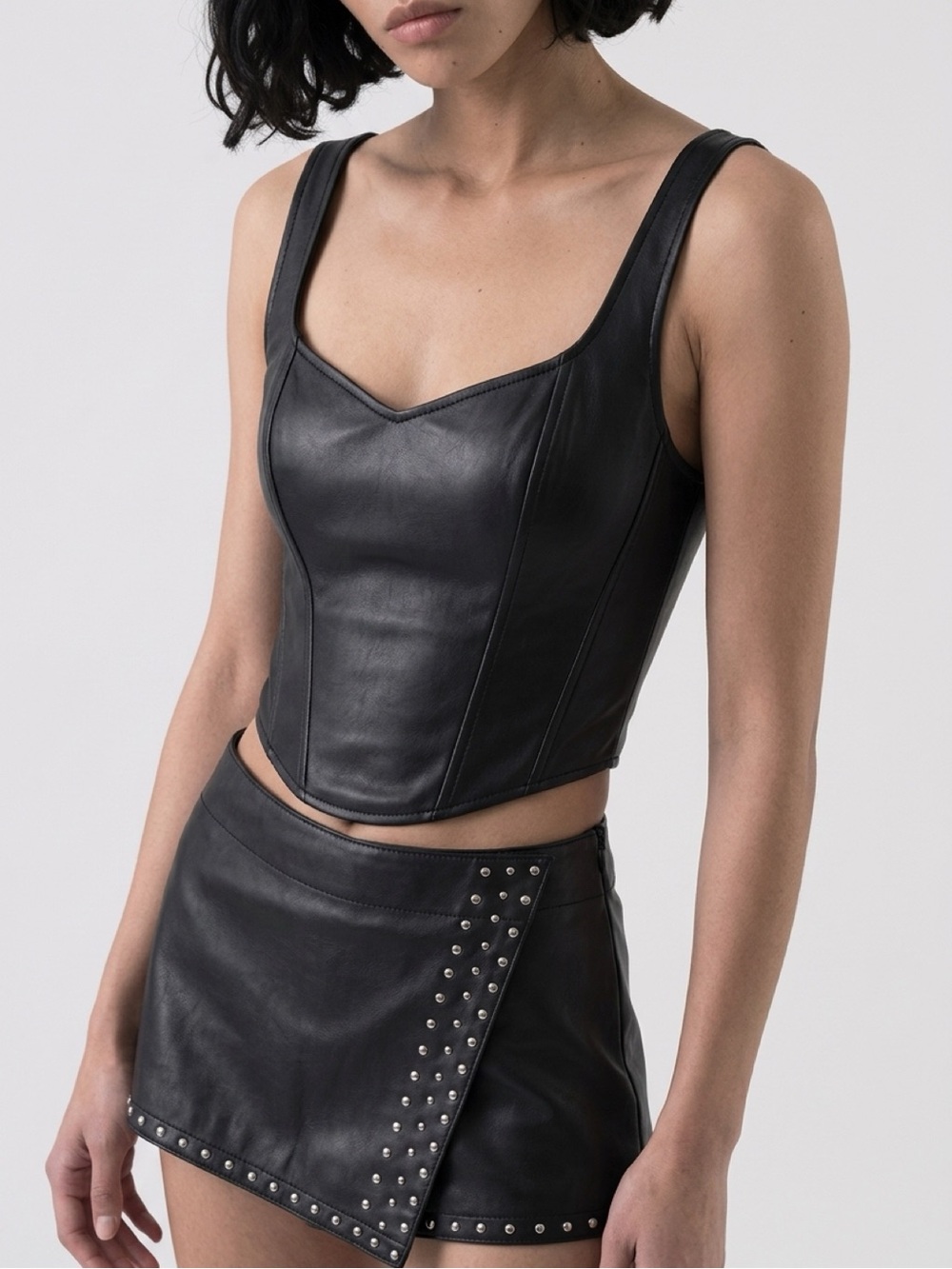 Free People Black Asymmetrical Studded Leather Mini Skirt